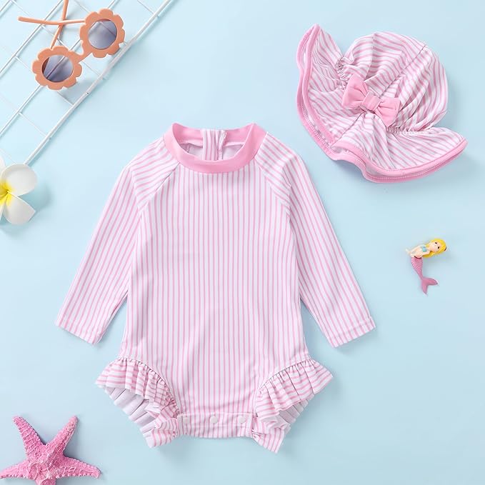 Infant Baby Girl Swimsuit One-Piece Long Sleeve Rash Guard with Hat Set Floral Zipper Bathing Suit Leopard Beach Wear