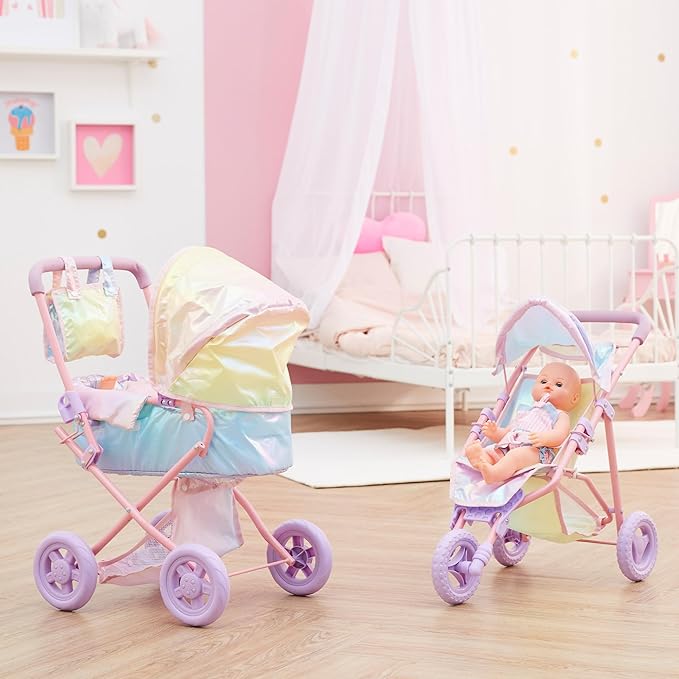 Olivia's Little World Baby Doll Stroller, 2-in-1 Doll Pram Buggy for Girls Age 3+, Fits up to 18” Dolls, Baby Stroller for Dolls, Stroller Toy for Kids, Iridescent