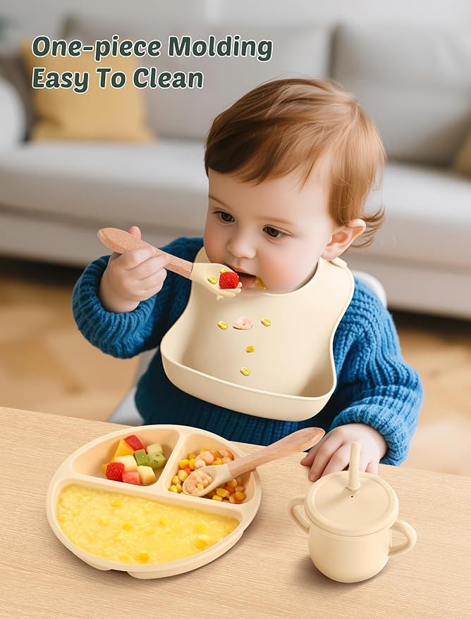 24 PCS Silicone Baby Feeding Set, Baby Led Weaning Supplies Includes Suction Bowls and Divided Plates, Adjustable Silicone Bib, Spoons&forks, Training cup with straw(Pink+Blue+Beige)
