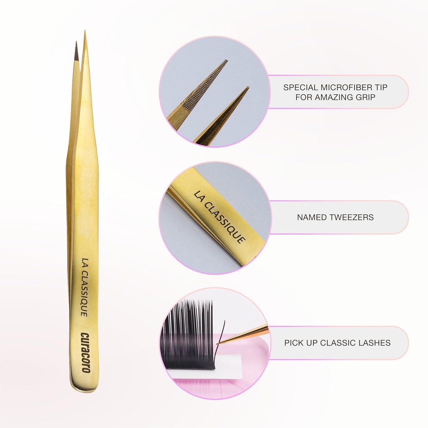 Curacoro Lash Tweezer - Professional & Precision Fiber Tip Grip Lash Tweezers for Eyelash Extensions, Multi Shapes & Purposes Tweezers for Volume, Isolation & Classic Lashes (Gold, La Classique)