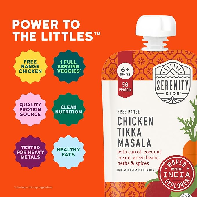 Serenity Kids 6+ Months Chicken Tikka Masala Baby Food Puree Pouches - High Protein Ethically Sourced Chicken & Organic Veggies - BPA-Free Toddler Pouches - 3.5 Oz, 12 Pack