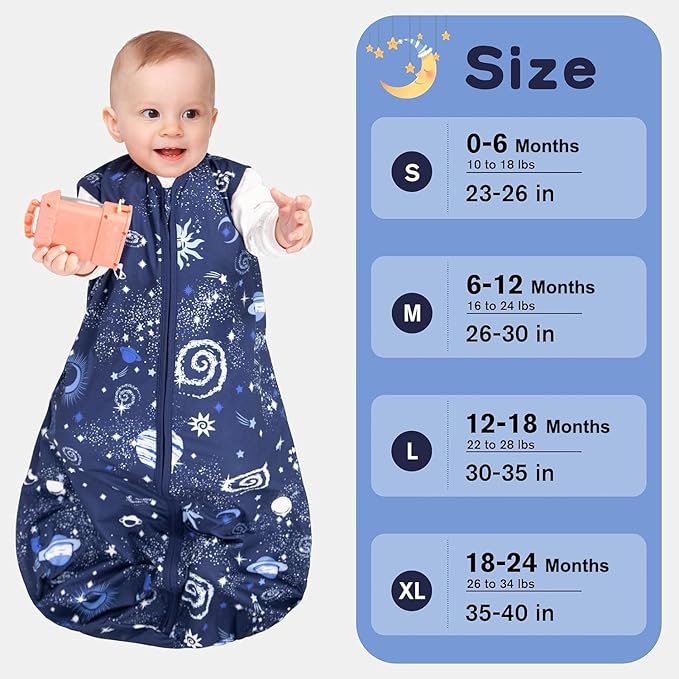 Baby Sleep Sack 18-24 Months Baby Wearable Blanket 100% Rayon Cotton 2-Way Zipper Toddler Sleeping Sack，Comfy Soft Lightweight TOG 0.3（Galaxies）
