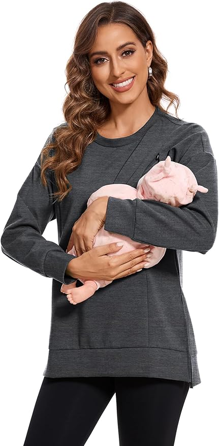 Smallshow Women's Nursing Tops Sweatshirt Long Sleeve Side Split Breastfeeding Shirt
