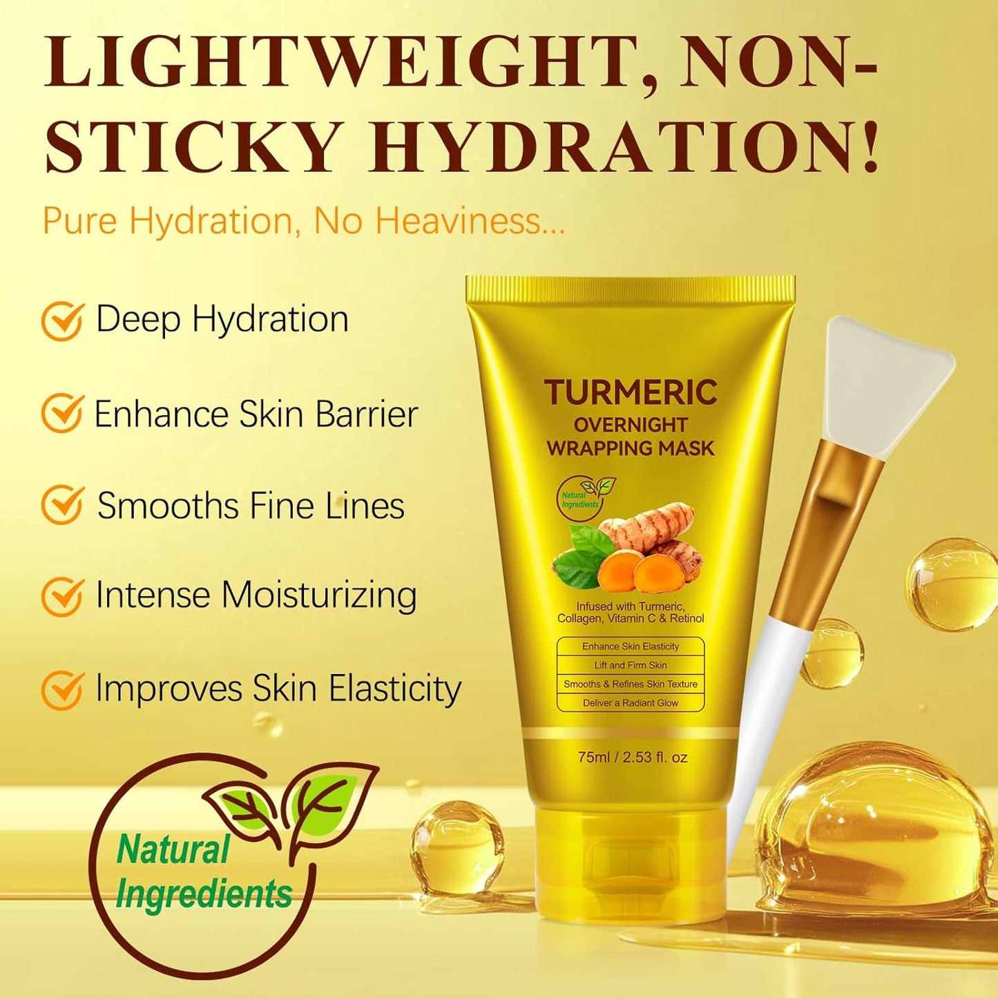 Turmeric Vitamin C Collagen Overnight Wrapping Peel Off Mask for Lifting & Firming Face/Neck, Saggy/Dull/Roughed Skin treatment for Clear, Dewy, Radiant Face, 2.53 Oz/75 ML