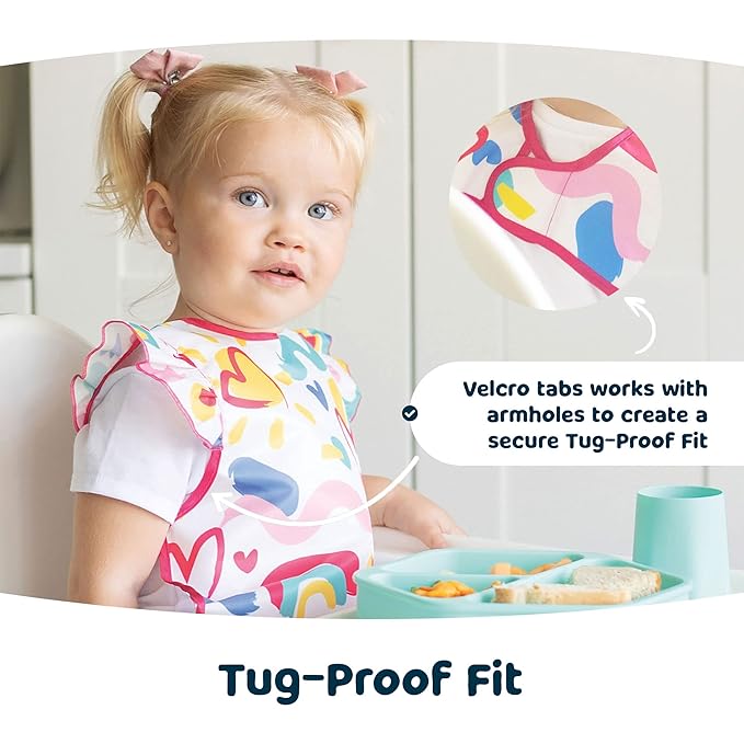 Tiny Twinkle Short Sleeve Apron Baby & Toddler Bib for Girls – Waterproof, Mess-Proof Bibs for Eating & Feeding, Machine Washable,Perfect Holiday Gift (Flutter, 6–24M)