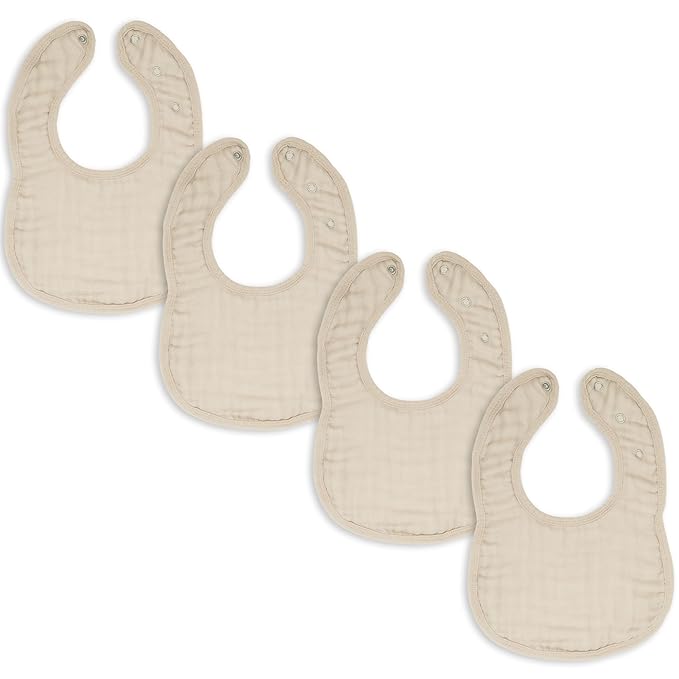 Comfy Cubs Muslin Bibs for Babies, Pack of 4 - Soft and Highly Absorbent, Feeding, Drool and Teething Bib, Adjustable Snaps - Stylish & Colorful Unisex Designs, Giftable Set - Sand