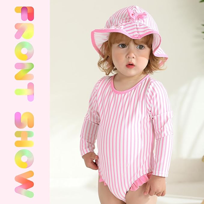 YOUNGER TREE Infant Baby Girls Swimsuit Long Sleeve Swimsuits One Piece Swimsuit Solid Color Bathing Suit with Hat, UPF 50+