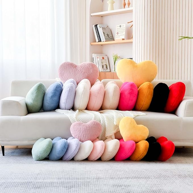 Beige Heart Pillows, Cute Heart Decorative Pillow, Heart Shaped Throw Pillows for Bed, Faux Rabbit Fur Plush Hoom Decor Pillow Cushion for Chair Sofa Living Room (Large-19.6"x15.7")