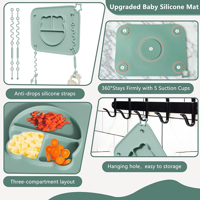 2 Pack Silicone Baby Placemats with Non-Slip Strong Suction Base and Anti-Drop 8 Stretchable Straps, BPA Free Food Grade Silicone Table Mats for Babies Toddlers, High Chair, Dining Tables, Green+Blue