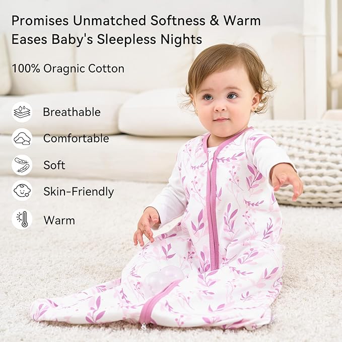 Baby Sleep Sack 12-18 Months 1.0 Tog Baby Wearable Blanket 100% Cotton Sleeping Sack with 2-Way Zipper for Toddler Infant Purple Leaf