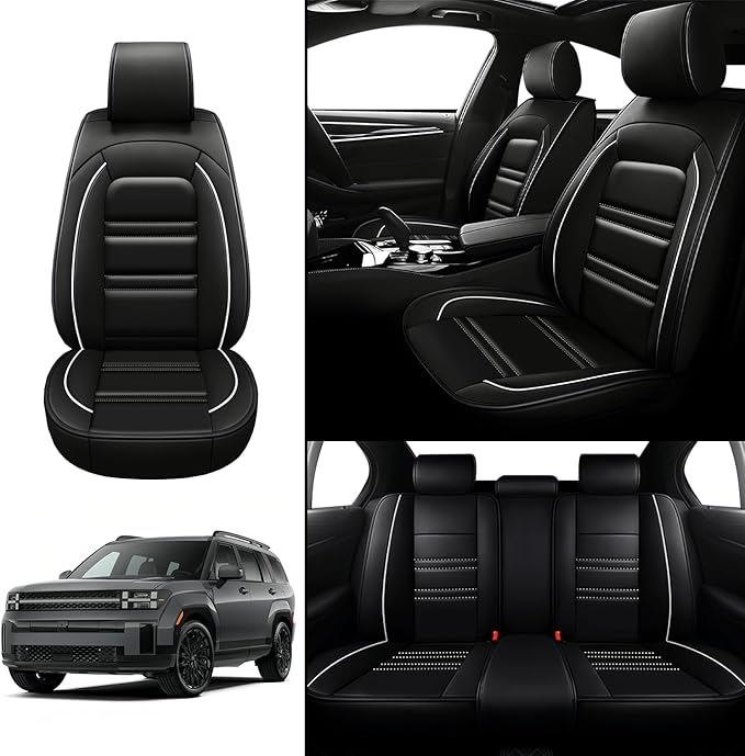 Seat Covers for Hyundai Car Santa fe 2001-2025 | 5-Seats Leather Seat Covers, Easy to Install Automotive Seat Covers Full Set (Full Set, Black&White Line)