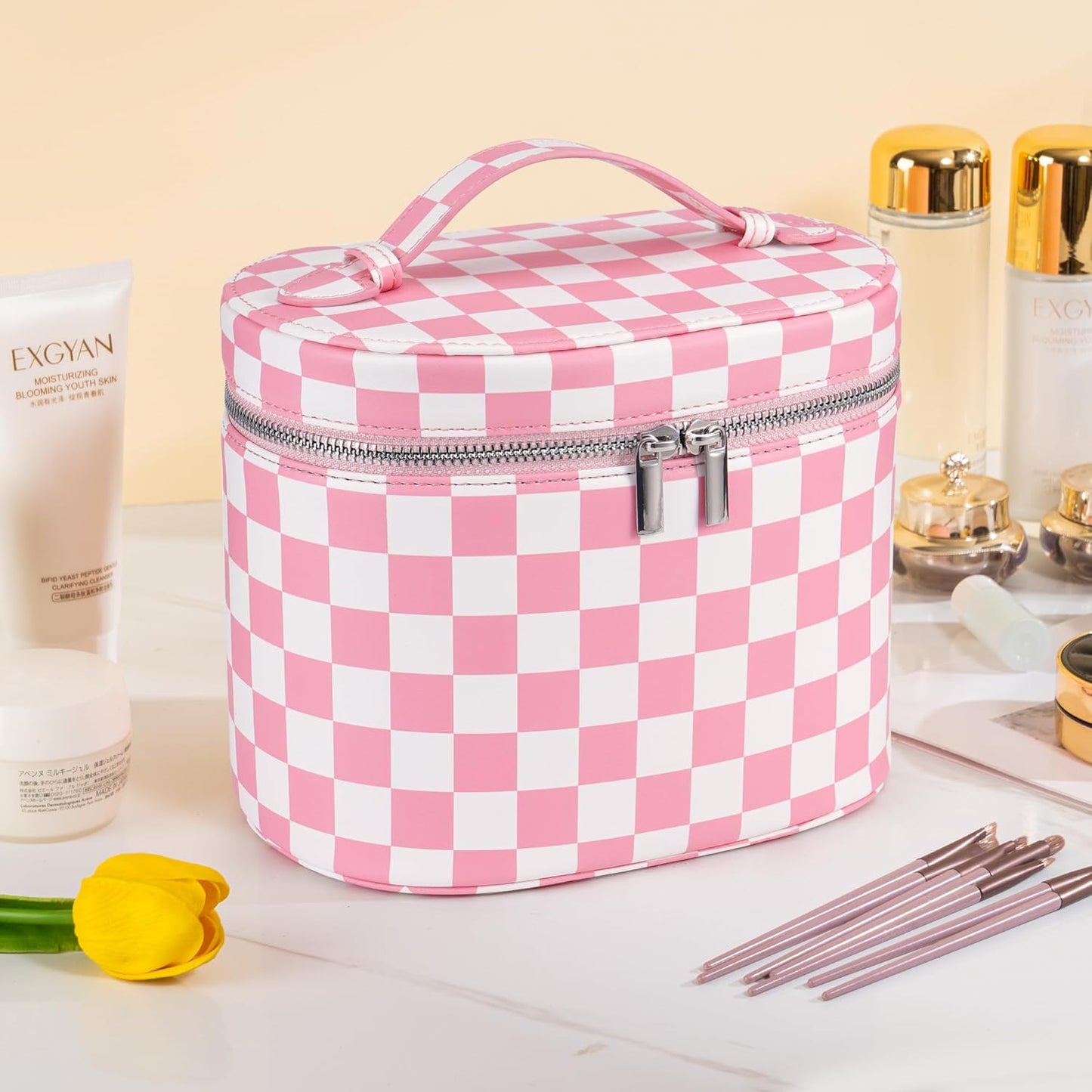 Makeup Bag Vanity Case Cosmetic Bag with Removable Divider Travel Toiletry Bag for Women Portable Make up Box Organizer, Pink and White