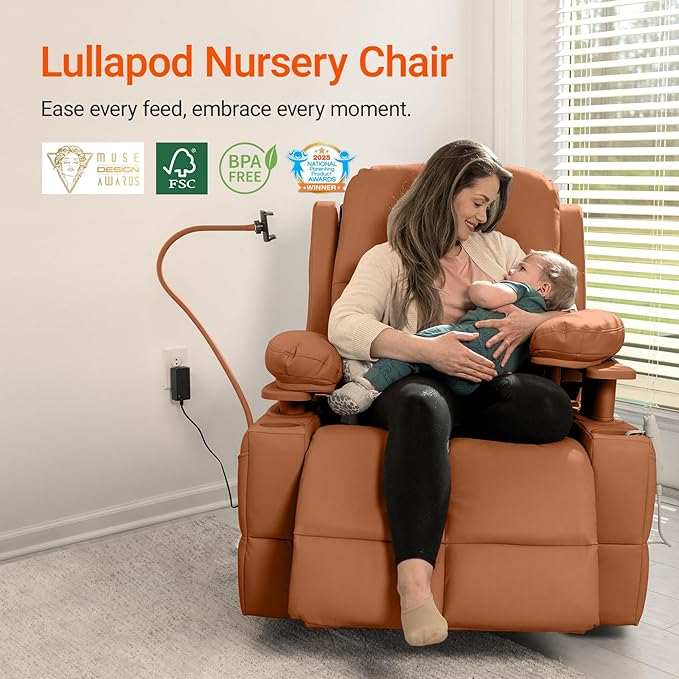 MAMAZING Oversized Rocking Chair Nursery with Adjustable Armrests, Electric Glider Recliner Nursing Chair for Breastfeeding, Power Swivel Recliner Chairs, Oeko-TEX & FSC Certified(Honey Brown)