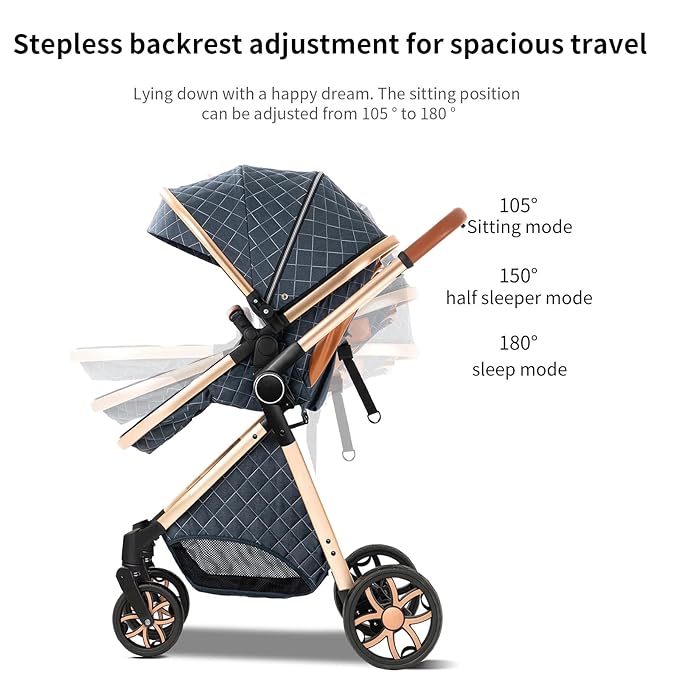 2 in 1 Baby Stroller with Bassinet Mode, Reversible Infant Pram, One-Click Folding, Newborn Travel Stroller, Convertible Toddler Standard Pram Carriage (X2US-Blue)