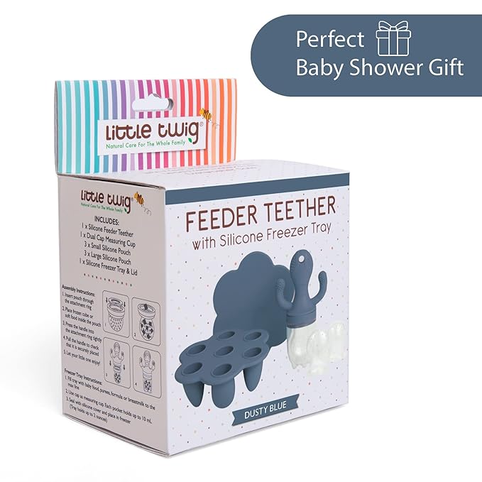 Little Twig Baby Fruit Feeder Pacifier Teether | Food Freezer Tray with Lid | BPA Free Silicone Freezable Teether | Feeding Set for Breast Milk Ice Cubes, Baby Food, Fruit Purees (Steel Blue)