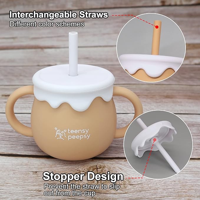 Honey Jar Pot 3-in-1 Silicone Training Cup 8.5oz, Unisex Baby Sippy Cup with Straw & Snack Lid for 6 months+ Break Resistant Open Cup for Toddler Smoothie Drinkware (Harvest Wood)