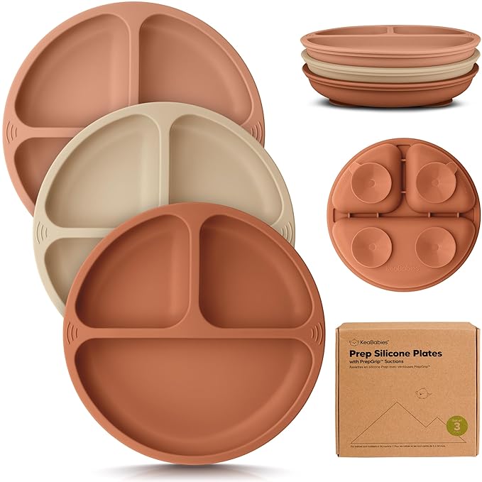 KeaBabies Suction Plates for Baby, Toddler - 3-Pack 100% Silicone Toddler Plates with Suction, Divided, BPA-Free Baby Led Weaning Essentials for Kids, Dishwasher, Microwave Safe, Durable (Terracotta)