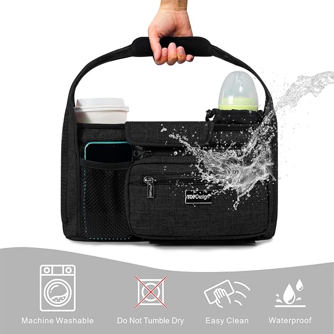TOPDesign Universal Baby Stroller Organizer, Stroller Caddy with Detachable Mesh Bag & Heightened Insulated Cup Holders & Non-Slip Secure Hooks Accessories, Fits Most Strollers (Trumpet Vine)