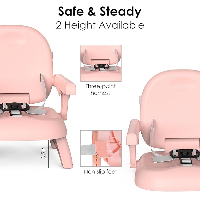 Bella’s Friends 3-in-1 Toddler Booster Seat for Dining Table and Kitchen Chair with Adjustable Tray and Safety Straps, Foldable&Portable Baby Seat for Travel, Feeding, and Floor Use, Pink