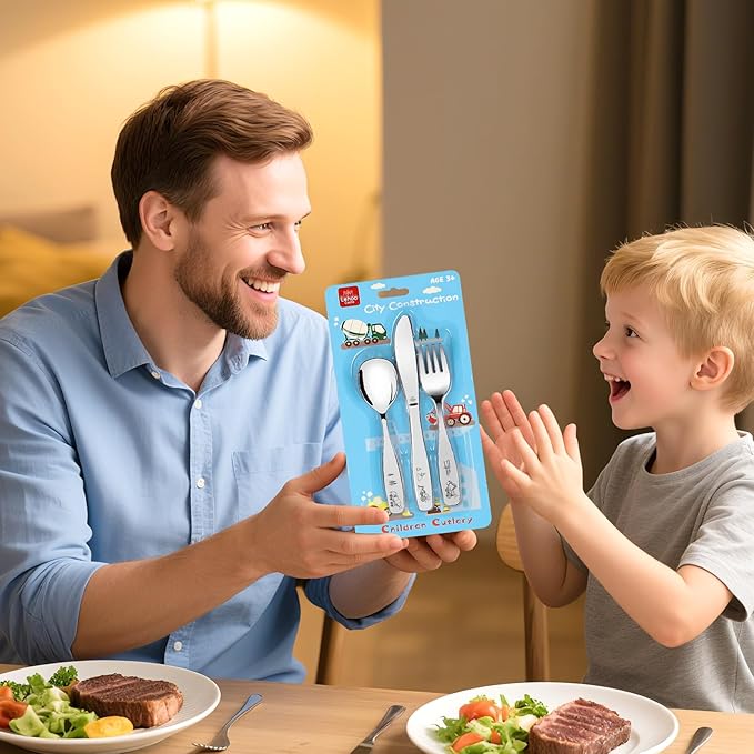Lehoo Castle Kids Silverware Stainless Steel, 6pcs Toddler Spoons and Forks Knife Set, Safe Children Flatware, Silverware for Toddlers, Toddler Utensils Self Feeding (Construction Vehicles)