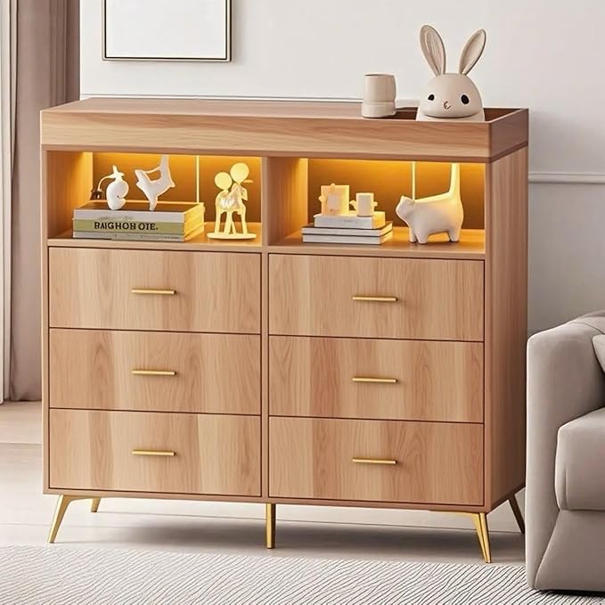 GarveeHome Dresser for Bedroom with 6 Drawers, Baby Changing Table Dresser with Changing Pad, LED Lights & Charging Station, Baby Changing Station with Changing Table Top