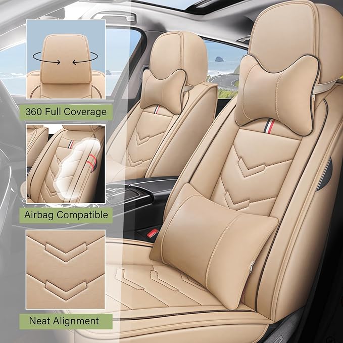 Leather Car Seat Covers Fit for LR LR4 2009-2016, 5 Seater Waterproof and Wear-Resistant Seat Cover Interior Accessories(Full Set with Pillow,Beige)