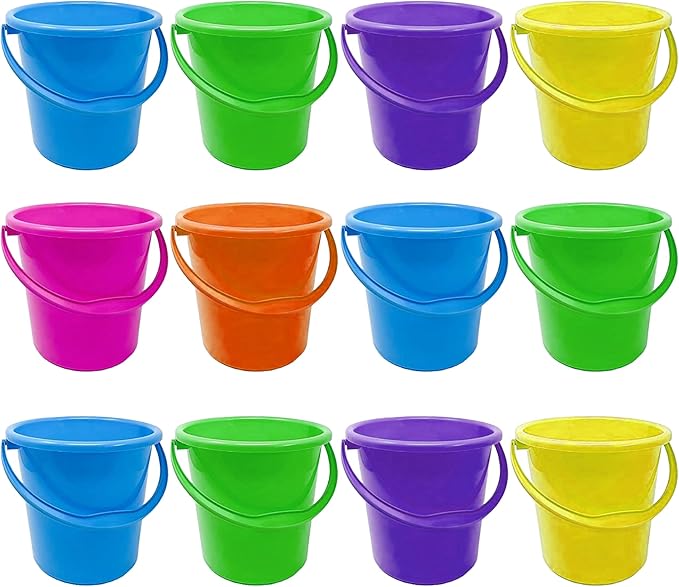 Podzly 12 Pack Beach Pails Sand Buckets - 7" Large Beach Pails with Handles for Kids - Colorful Beach Toys for Sand Molds & Castles - Great Sand Buckets - Fun and Learning Accessory for Kids!