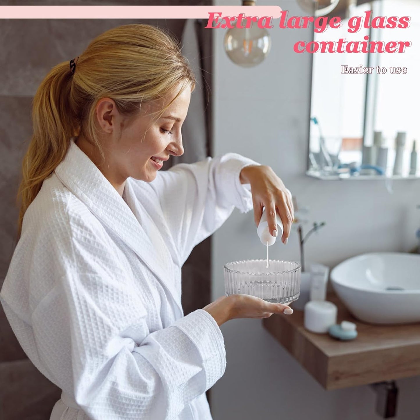 2Pcs Extra Large Body Powder Puff & Luxury 6" Glass Jar Dusting Powder Container with Puff for Women Bath Powder Puffs Perfect for Talcum or Loose Powder (White)