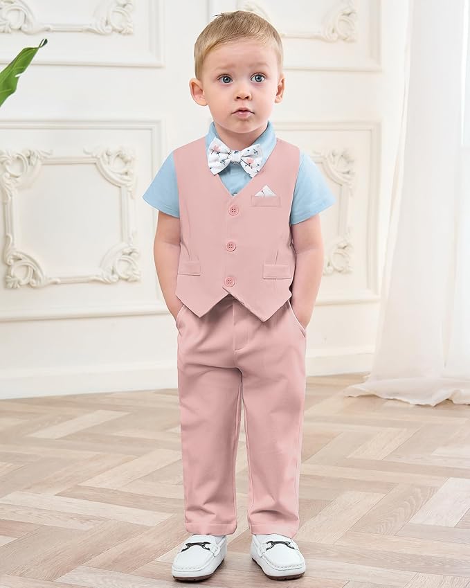 DISAUR Baby Boy Clothes Toddler Boy Outfits 4PCS Gentleman Dress Romper/Vest/Pants/Bow Tie Cotton Suit Sets