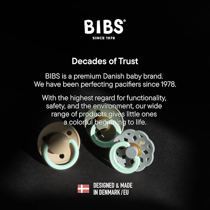 BIBS Colour Night Glow in The Dark Soother 2-Pack, BPA Free Dummy Pacifier, Round Nipple. Natural Rubber Latex, Made in Denmark, Size 1 (0-6 Months), Sand Glow/Iron Glow