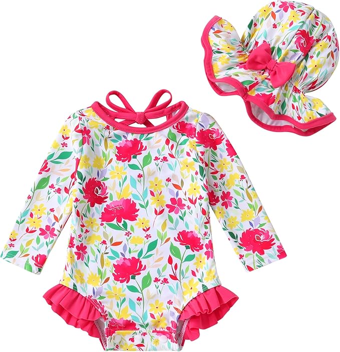 YOUNGER TREE Infant Baby Girls Swimsuit Long Sleeve Swimsuits One Piece Swimsuit Solid Color Bathing Suit with Hat, UPF 50+