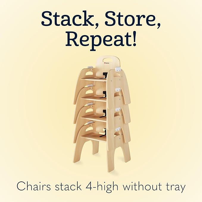 Foundations Easy Serve Low Wood Feeding Chairs Multipack, Adjustable Harness, Removable Dishwasher Safe Tray, No-Tip Base, Stackable Toddler Chairs, 2 Pack (5 inch)