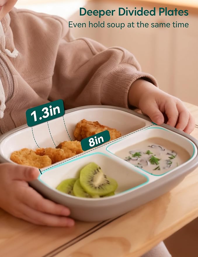 BABELIO 8'' Toddler Porcelain Plates with Silicone Suction Sleeves, Lead & BPA Free, Divided, Microwave & Dishwasher Safe, Stay Put, Suitable for Kids/Babies, Blue