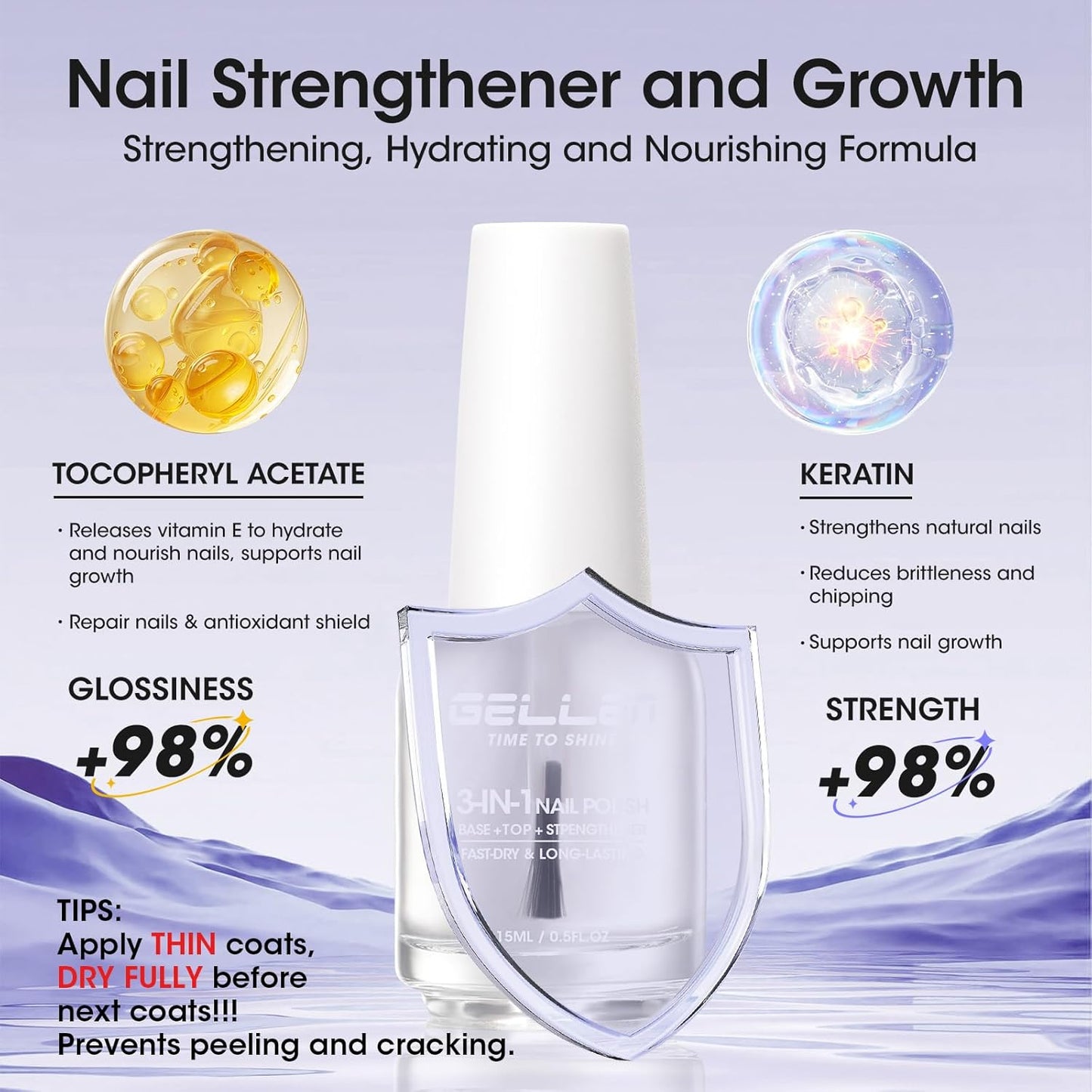GELLEN 3-In-1 Clear Nail Polish Base Top Coat, Nail Strengthener and Growth, Hydrate Strengthen Nourish Damaged Dry Nails, Keratin & Vitamin E Formula, Air Dry, Hema Free, Non-toxic, Anti-yellowing