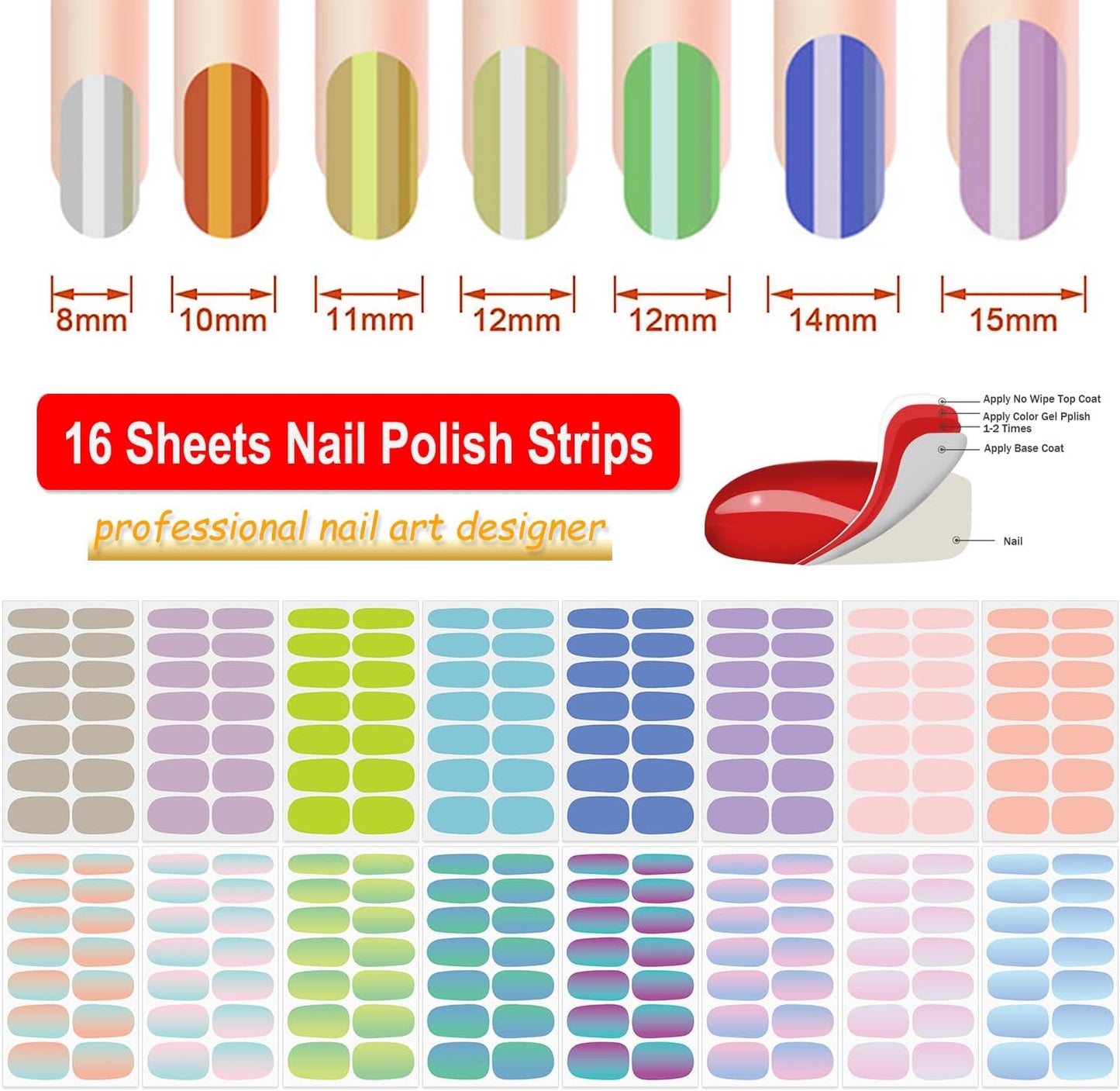 DANNEASY 16 Sheets Gradient Color Nail Polish Stickers Full Nail Wraps for Women Stick on Fingernail Nails Self Adhesive Nail Polish Strips Gel Nail Strips with Nail File, Cuticle Stick