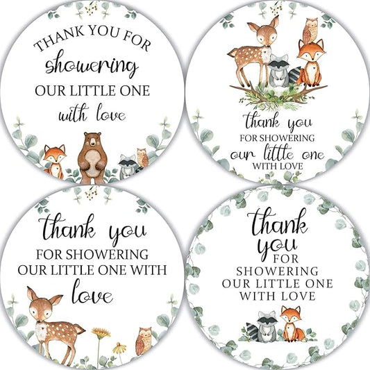 80 Pieces Cute Woodland Creature Thank You Stickers, Baby Shower Birthday Party Decorate Watercolor Forest Woodland Animals Theme Party Gift Wrap Bag Label Decorations, 4 Design Stickers