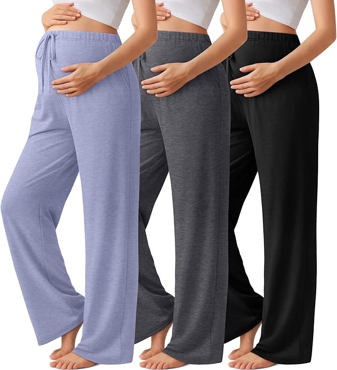 3 Pack Maternity Pants for Women Over The Belly Lounge Work Pregnancy Pants Drawing Wide Leg Trousers with Pockets