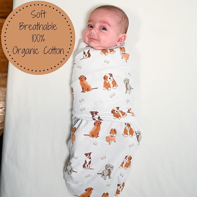LollyBanks Baby Swaddles, 100% Organic Cotton Swaddles for Newborn Boy and Girl, 3-6 Months Swaddle Sacks with Easy Change Zipper, Swaddle Neutral Baby Registry (Puppies Print)