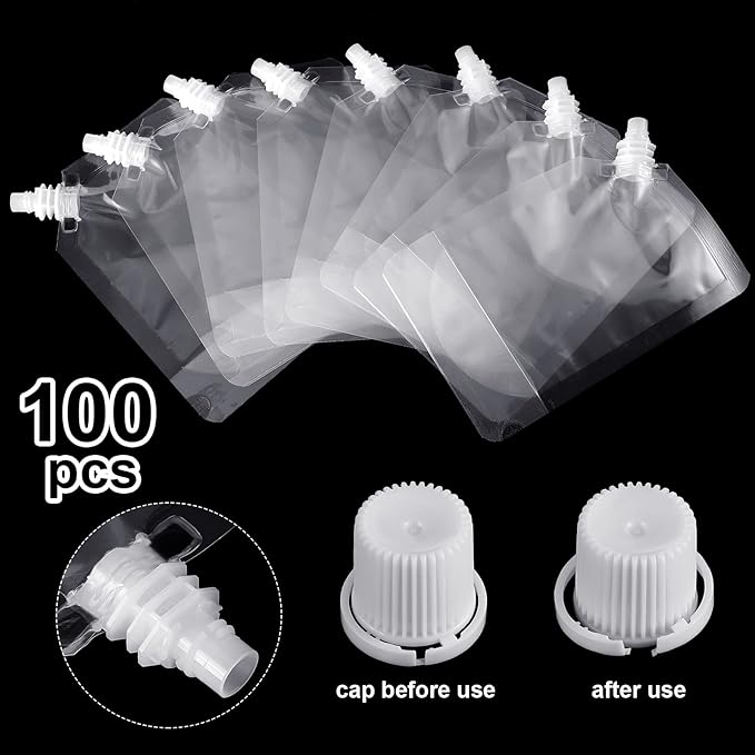 Meanplan 100 Pcs Plastic Pouches Bulk Reusable Squeeze Pouches Clear Plastic Juice Leak Proof Bags with Funnel for Party Favors Supplies(13 oz,Inclined Mouth)