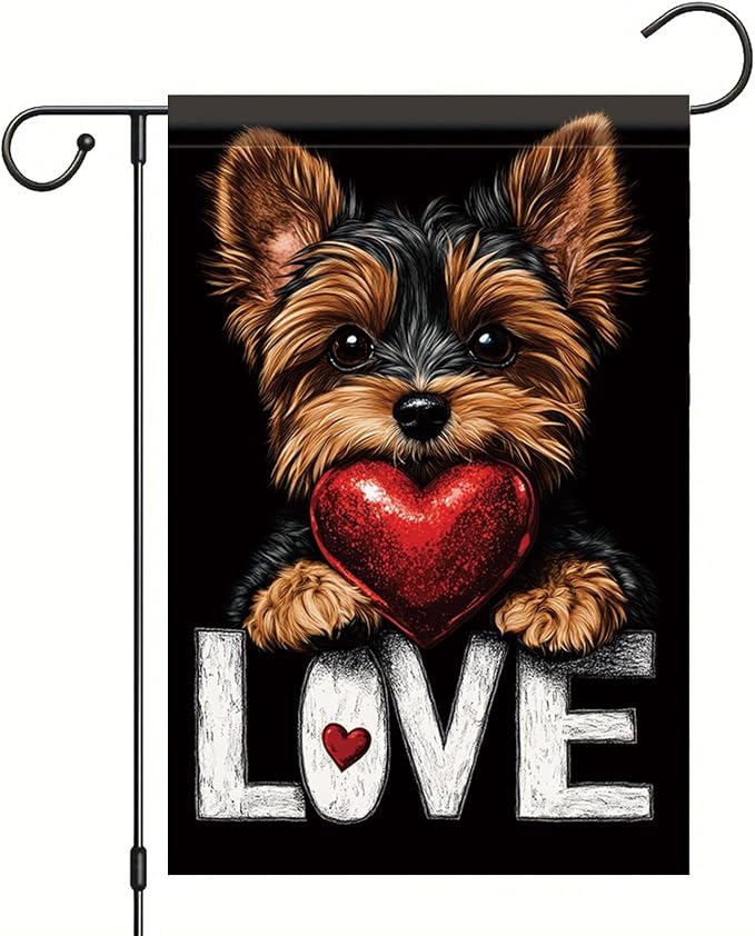 Cute Kasha Dog Garden Flag Holding Red Heart Love Sign Double Sided Yard Banner by StarlitPatio