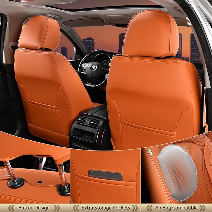 FLORICH Car Seat Covers Full Set, Leather Seat Covers for Cars, Orange Seat Cover, Waterproof Car Seat Cushion Universal Car Seat Protector Front Seats and Back Fit for Most Cars Trucks SUVs