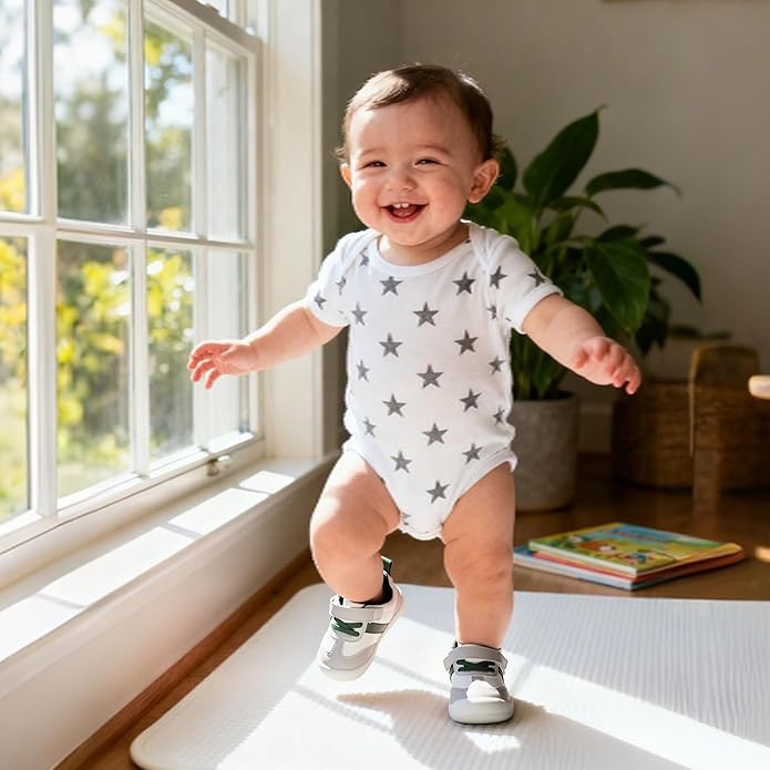 Baby Shoes Boys Girls Barefoot Wide Toe Box Zero Drop First Walkers PU Leather Nonslip Toddler Sneakers for 6-24 Months Infant Walking,Running,Crawling
