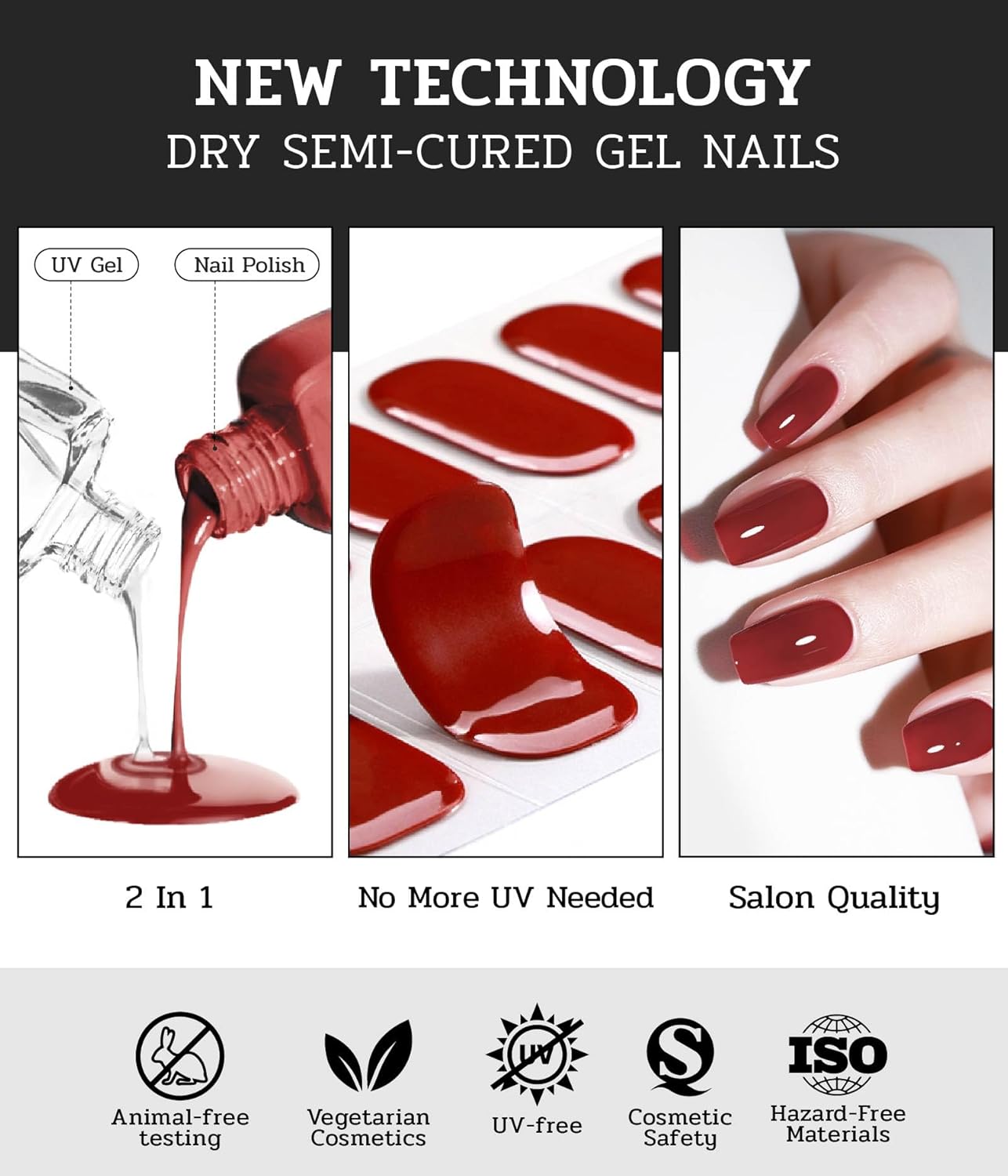 Nail Polish Strips - 22 Pcs Salon Quality Gel Nail Stickers - Long Lasting Wraps (Ruby Night Red)