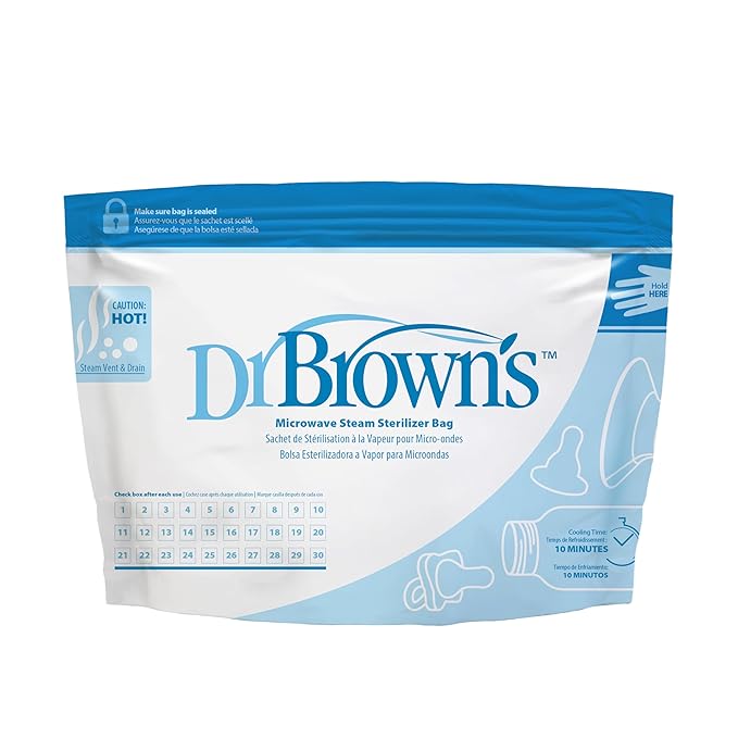 Dr. Brown's Microwave Steam Sterilizer Bags for Baby Bottles, Pacifiers, Pump Parts and Accessories, Travel Baby Bottle Sterilizer, 30 Uses per Bag, 5 Count (Pack of 1)