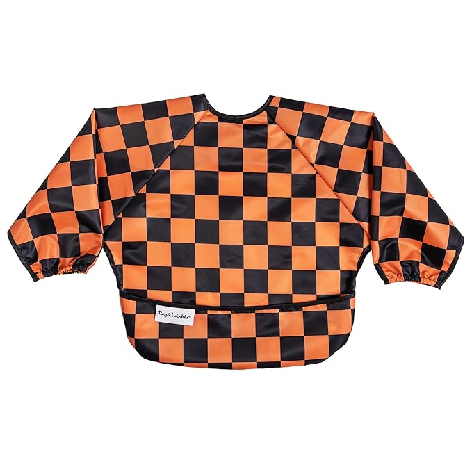 Tiny Twinkle Long Sleeve Bib for Babies & Toddlers – Waterproof Smock Bib for Eating – Machine Washable & Mess-Proof, Baby Feeding Essential & Shower Must-Have(Orange,Black Checkers, 6–24M)