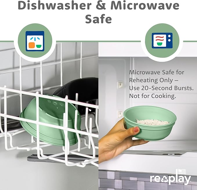 Re-Play 12 oz. Toddler Bowls Set of 4 - Kids Deep-Walled, Durable & Reusable Snack and Meal Bowls, Dishwasher & Microwave Safe, BPA-Free, Made in USA from Recycled Plastic, Meadow