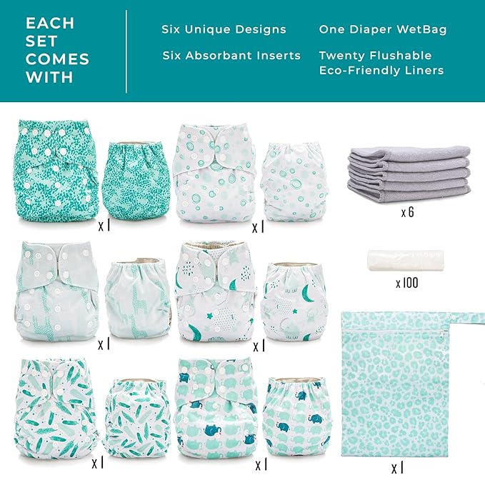 Simple Being Reusable Cloth Diapers, Double Gusset, One Size Adjustable, Washable Soft Absorbent, Waterproof Cover, Eco-Friendly Unisex Baby Girl Boy, six 4-Layers Microfiber Inserts (Unicorns)