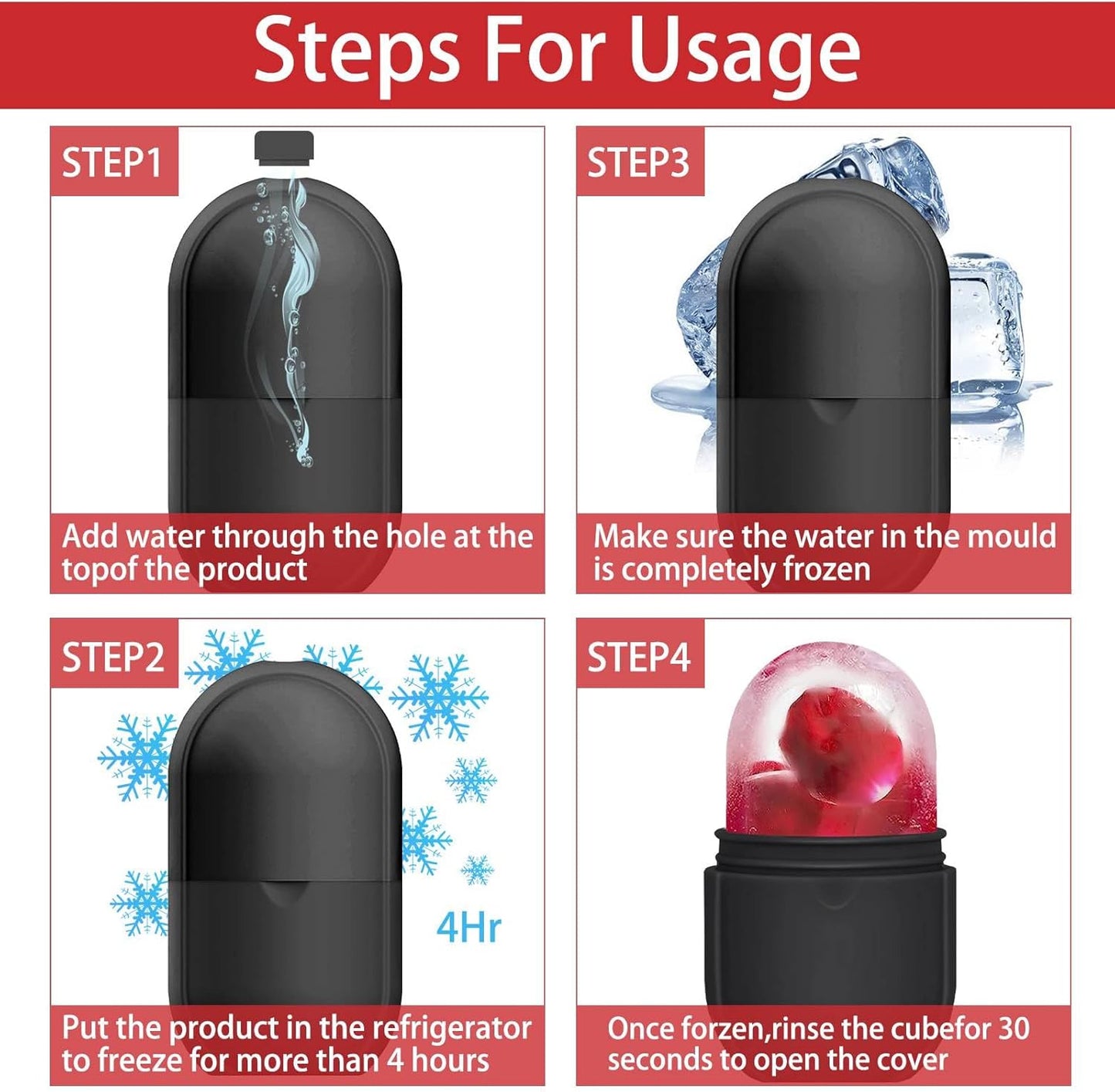 KOGITI Face Ice Roller & Mold - Beauty Facial Massage Tool for Puffiness Relief, Ice Cube Holder (New-Black)