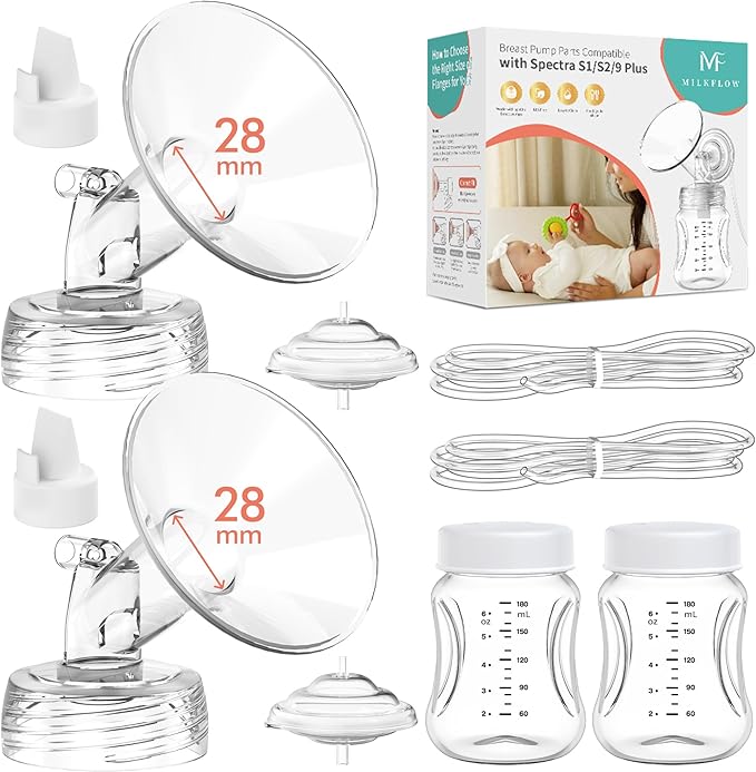 Breast Pump Parts Compatible with Spectra S1,S2,S9 Plus, Replacement Kit for Spectra Pump Parts 2PC Include 28 mm Flange, Duckbill Valve, Tube,Bottle, Backflow Protector, Not Original Accessories