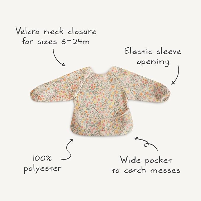 mushie Long Sleeve Baby Bib | Water Resistant Adjustable Fit for Ages 6-24 Months